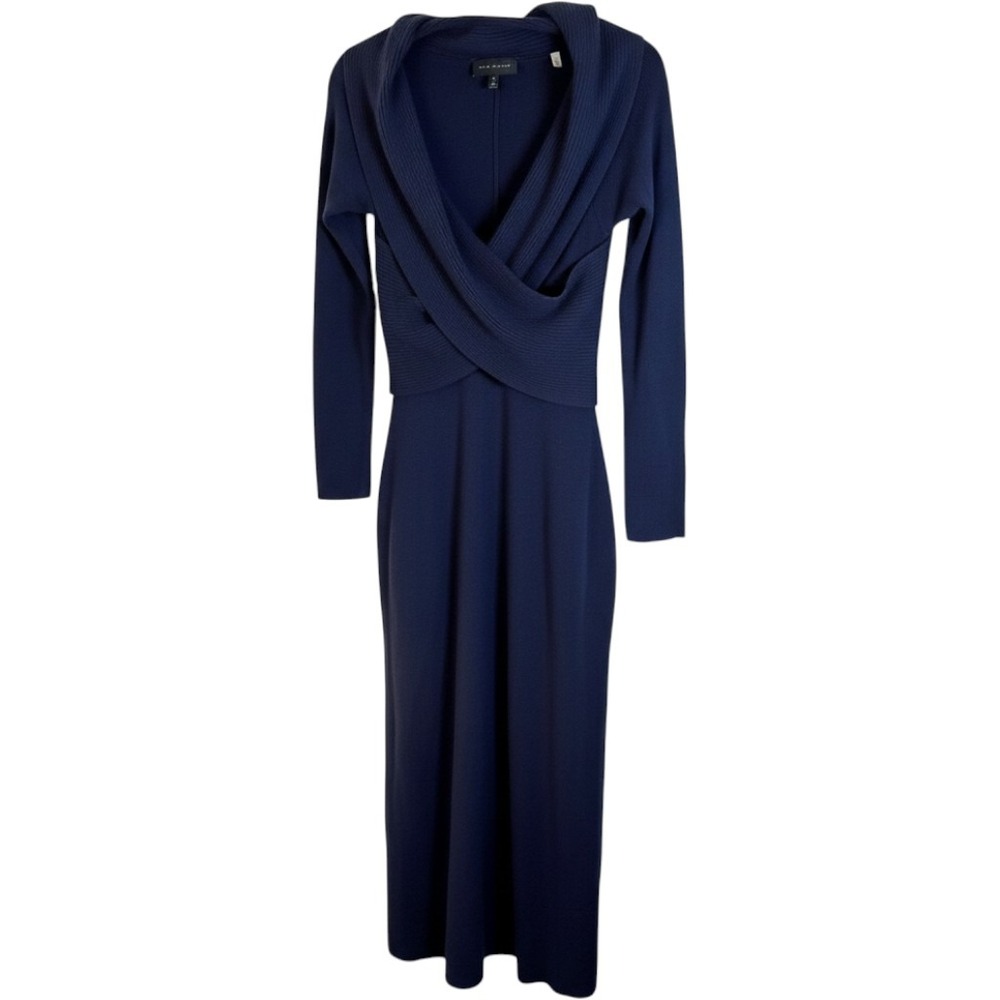 NWT Elie Tahari Women M 100% Merino Wool Knit Dress Blue Midi Wrap Bodice Luxury
